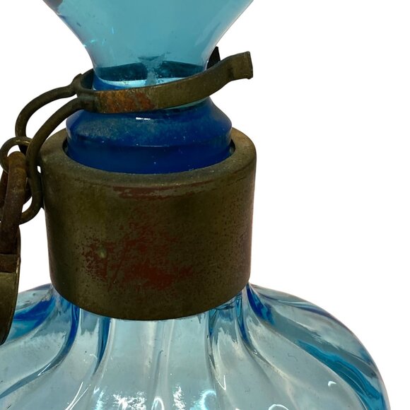 Vtg Blue Glass Apothecary Liquor Bottle UV Reactive Metal Locking Collar Stopper - Picture 7 of 16